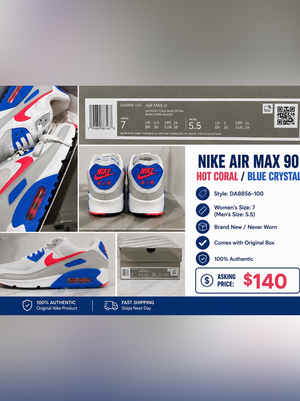 Nike Women’s White Sneakers with Blue and Red Accents